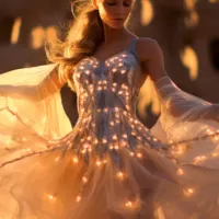 a fairy wearing a dress dancing in the desert, in the style of flickering light effects, film/video, fairytale-inspired, animated gifs, angelic photograph, detailed costumes, sculpted