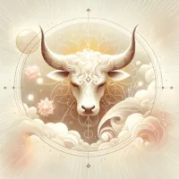 Stylized and serene depiction of a bull symbolizing Taurus, integrated with spiritual and astrological elements in a light, pastel-colored ethereal setting