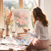 woman painting in a lush decorated craft room, light pinks and blues, soft edges