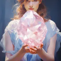 woman holding one crystal, soft pinks and blues, soft edges, bright and airy lighting