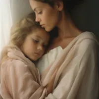 mom and child at home, soft edges, white and beige and pink