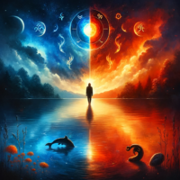 A mystical landscape at dusk, blending fire and water elements with symbols of Pisces and Aries, illustrating the balance between passion and tranquility.